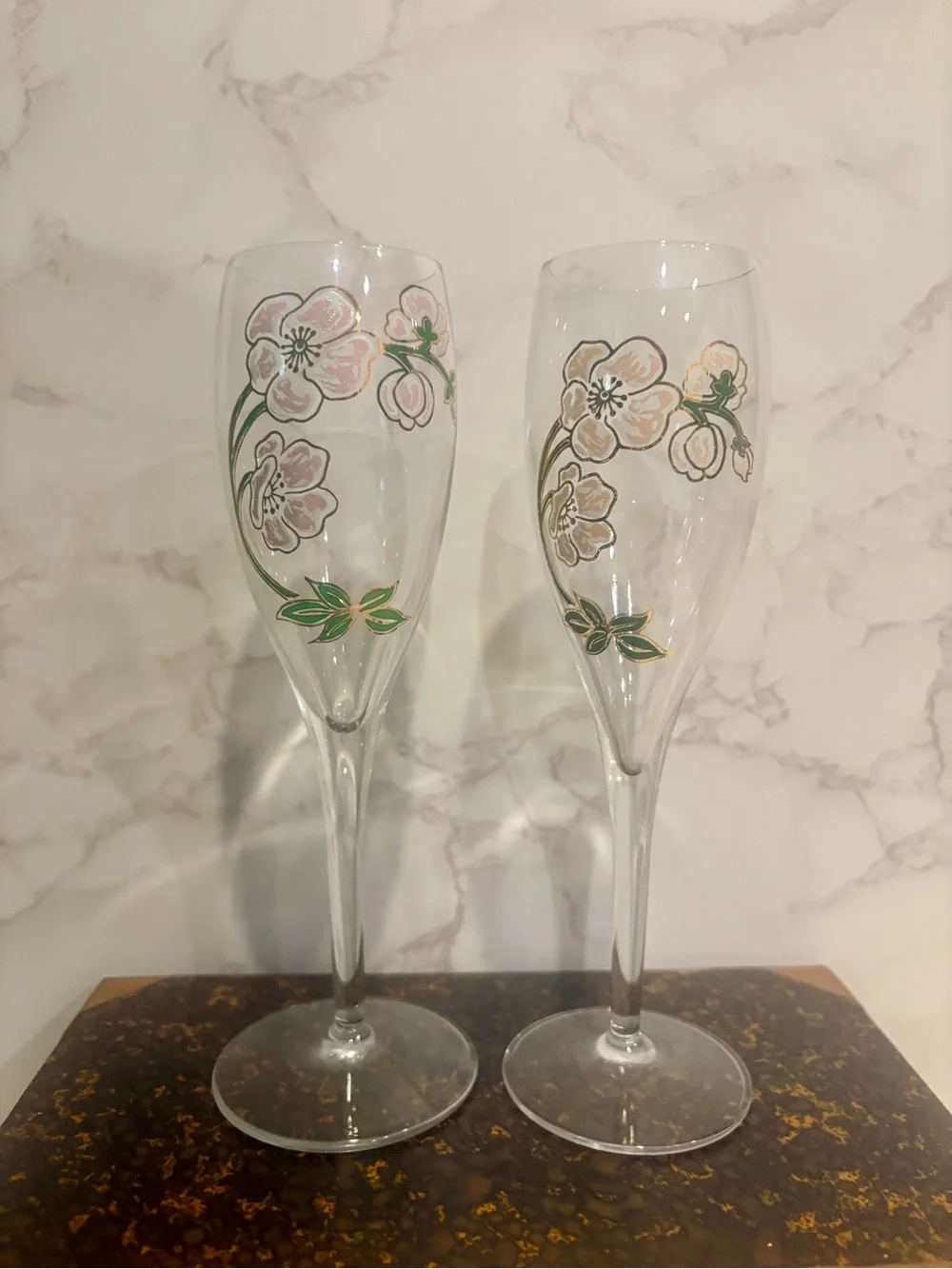 Pair of Pierre Jouette Hand-Painted Champagne Flutes – Pink & Green Florals
